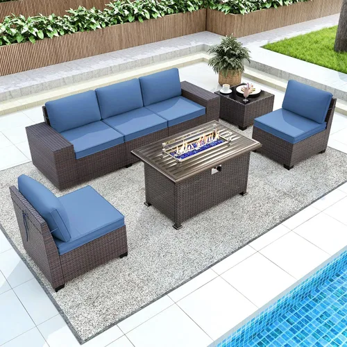 Miniatura 20 de Gotland Juego de muebles de patio de 8 piezas con mesa con fogón, muebles de ratán para exteriores para todo tipo de clima con respaldo alto de 2