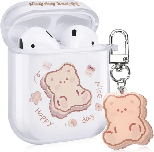 Funda transparente para AirPods con llavero de oso, diseño de oso de dibujos animados, funda protectora completa de silicona compatible con AirPod 2
