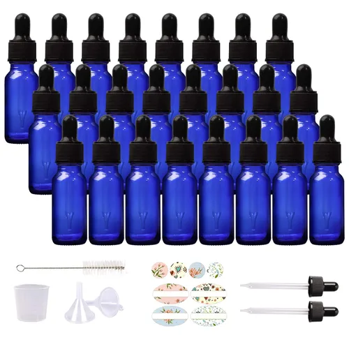 Paquete de 24 botellas de vidrio azul cobalto de 1/2 oz con cuentagotas de vidrio para aceites esenciales, perfumes y productos químicos de