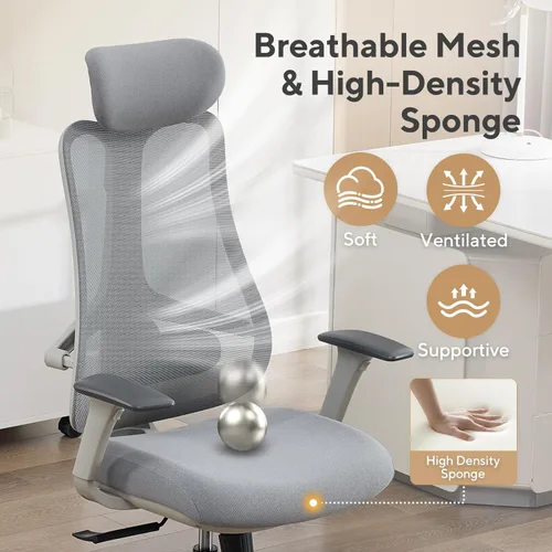 Miniatura 8 de Nouhaus Fluido - Silla de oficina ergonómica, silla de computadora de malla con respaldo alto y soporte lumbar ajustable en altura, respaldo y Gris