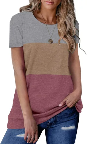 CRAZY GRID Camiseta de manga larga y corta para mujer, con bloques de color, holgada, cómoda, informal, para mujer