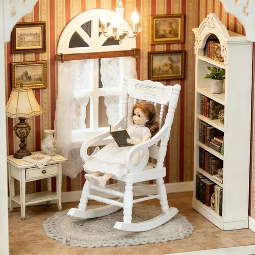 Miniatura 2 de SOIMISS Mecedora de madera blanca en miniatura, asiento de cuerda de cáñamo, escala 1:12, accesorios para muebles de casa de muñecas, decoración