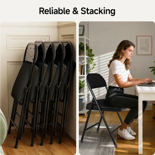 Miniatura 4 de Paquete de 4 sillas plegables acolchadas de cuero, marco de metal con asiento y respaldo de piel sintética, capacidad de 650 libras, silla plegable