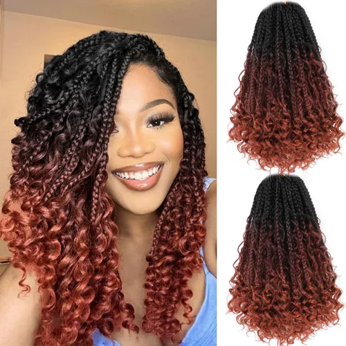 Wodun Extensiones de cabello de ganchillo Goddess de 14 pulgadas, trenzas de caja con extremos rizados 3X estilo bohemio, extensiones de cabello
