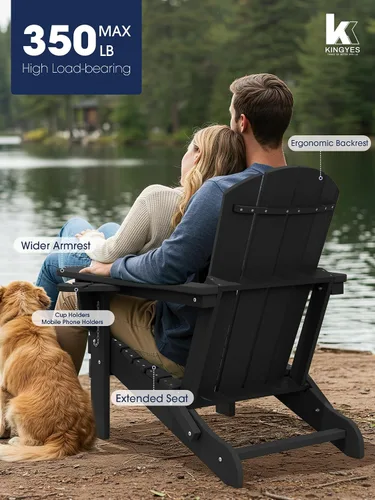 Miniatura 3 de KINGYES Silla plegable Adirondack con portavasos dobles - Sillas de exterior de HDPE para todo clima, silla de patio tipo madera para el patio Negro