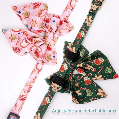 Miniatura 3 de Faygarsle Paquete de 2 collares navideños para gatos con pajarita, collar de invierno rosa y verde para niños y niñas Arco grande verde y rosa