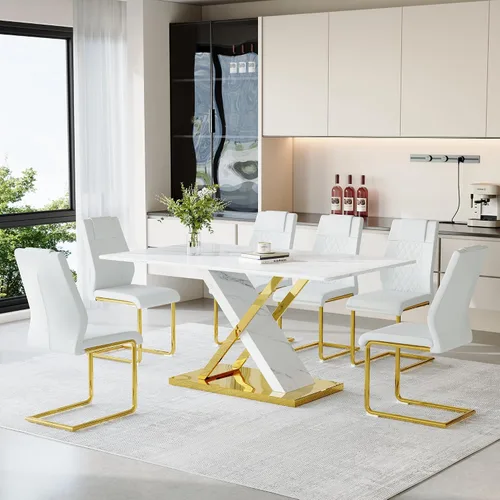 Miniatura 17 de Juego de mesa de comedor de mármol para mesa rectangular blanca de 4.63 pulgadas con marco de metal plateado en forma de X y 4 sillas de comedor