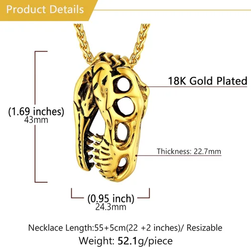 Miniatura 7 de U7 Men Pendant Necklaces, Stainless Steel Necklace for Men, Cool Guitar Pick SkullAlligator Dinosaur Skeleton Tyrannosaurus RexGothic