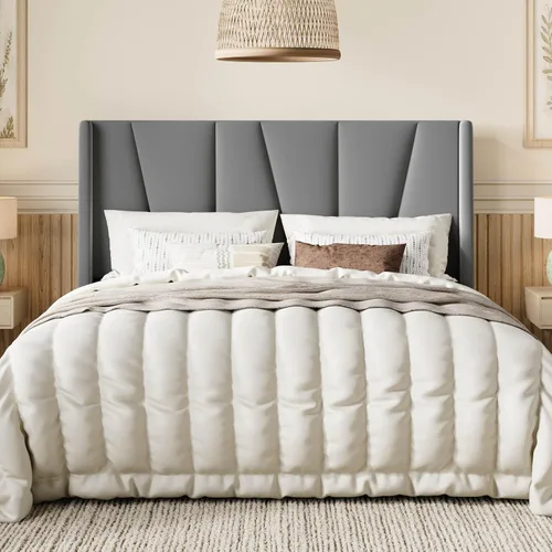 Miniatura 13 de SHA CERLIN Base de cama tamaño King con cabecera geométrica con respaldo de ala, cama de plataforma tapizada con espacio debajo de la cama de 8 Beige