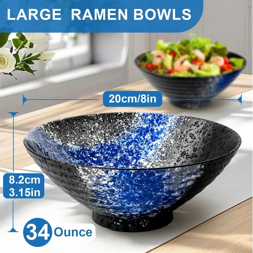 Miniatura 3 de Juego de 2 cuencos de cerámica para ramen de 8 pulgadas (9 piezas) – Tazones grandes de porcelana japonesa para ensalada, fideos, cereales, frutas