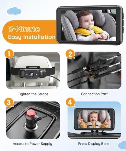 Miniatura 7 de Babyvue BC1 - Cámara de coche para bebé, pantalla HD 1080P de 4.5 pulgadas y zoom 3X, monitor de bebé automático de visión nocturna IR con brillo