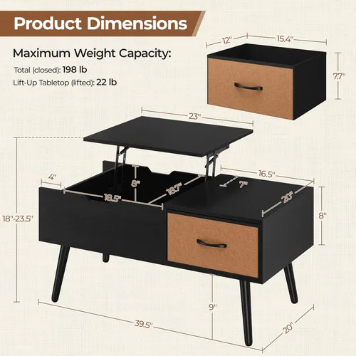 Miniatura 3 de Yaheetech Mesa de centro elevable para sala de estar, mesas centrales pequeñas de madera con gran cajón de almacenamiento y compartimento oculto