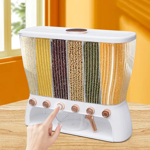 Miniatura 3 de Dispensador de alimentos secos de almacenamiento de arroz de 6 rejillas, dispensador de granos con taza medidora, dispensador de arroz de 22 libras