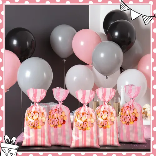 Miniatura 7 de 200 bolsas de palomitas de maíz, bolsas de plástico para máquina de palomitas de maíz, recipientes de maíz con lazos giratorios para carnaval, Rosa