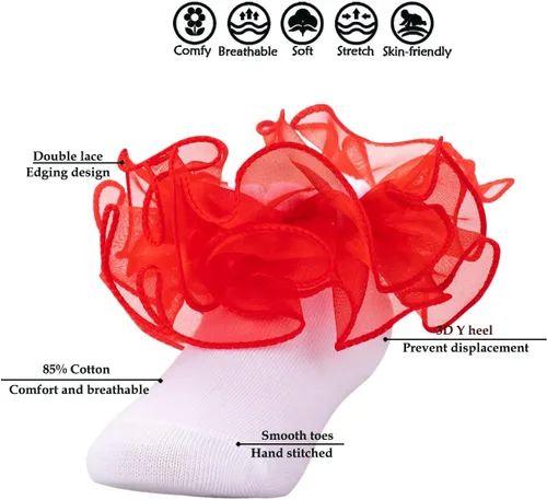 Miniatura 2 de Dicry Calcetines de encaje doble para niñas pequeñas con puños ondulados y volantes grandes para bebés y niños
