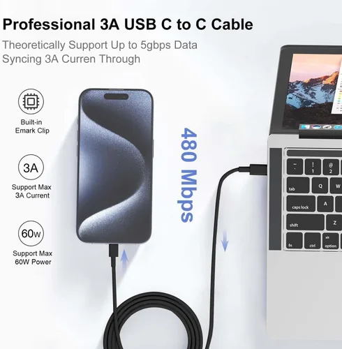 Miniatura 5 de Hzevn Cable de carga USB C de 60 W para MacBook Pro/Air y iPhone 16/15 Pro Max, certificado MFi 20V/3A, cable de carga súper rápido de 6 pies + 10