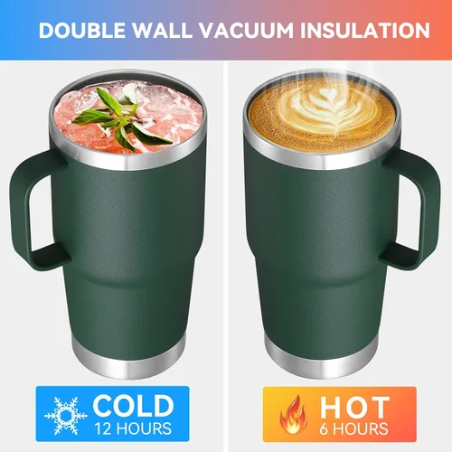 Miniatura 3 de VEGOND Vaso de 20 onzas con tapa con asa y pajilla, taza de café de viaje aislada de acero inoxidable a prueba de derrames, vaso de metal de doble