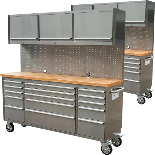 Paquete de 2 - Cofre de herramientas rodante de acero inoxidable de 72" con 15 cajones + 3 gabinetes superiores, caja de herramientas ensamblada,