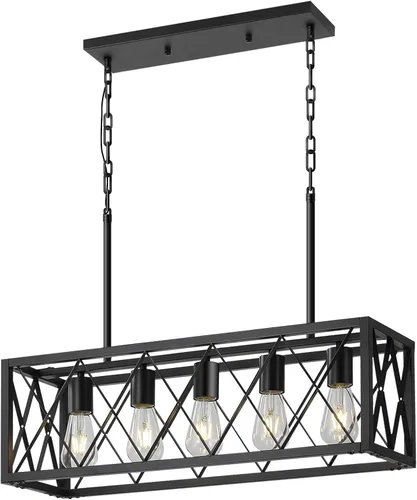 Miniatura 10 de Lámpara colgante estilo granja, luces colgantes negras para isla de cocina, luz colgante de metal industrial y madera vintage, lámpara de techo