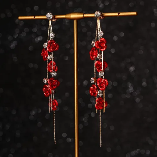 Miniatura 5 de Sureio Tiaras de rosas rojas para novia, coronas de reina, collares largos personalizados, aretes colgantes de flores de rosa, joyería de flores