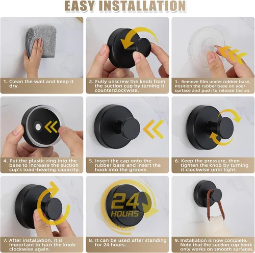 Miniatura 5 de Ganchos de ventosa para ducha sin taladro, ganchos de baño para toallas, batas, esponja vegetal montables en paredes de baño, cocina, vidrio, Negro