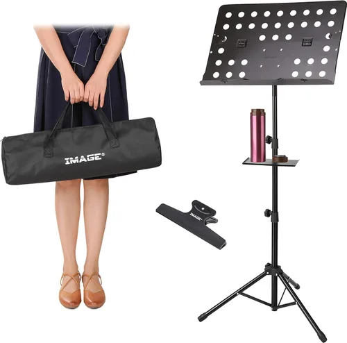 IMAGE Soporte de partituras de 21.6 a 63 pulgadas, soporte de metal de viaje ajustable y plegable con bolsa de transporte, bandeja de música y
