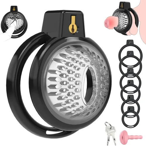 Jaula de castidad masculina, jaula de pene suave y ligera con 6 tamaños de anillos, cómodo dispositivo de castidad para hombres, perfecto para uso a