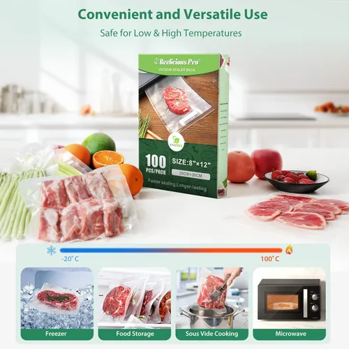 Miniatura 4 de Bolsas de sellado al vacío precortadas Beelicious Pro para almacenamiento de alimentos, 100 unidades de 8" x 12" con bolsas de sellado al vacío