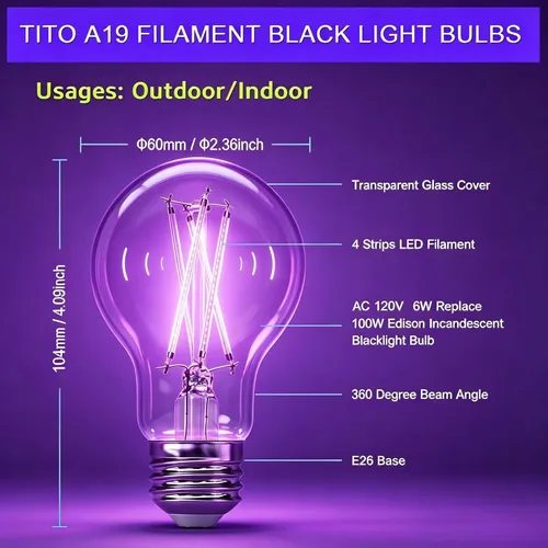 Miniatura 6 de TITO Paquete de 8 bombillas LED negras de filamento regulable E26 A19, UVA 395 nm, 6 W, equivalente a 100 W, bombilla negra que brilla