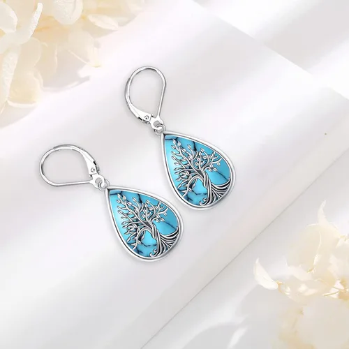 Miniatura 133 de Aretes colgantes de plata de ley con diseño de árbol de la vida, flor, abeja, animales, gato, colibrí, piedra lunar, turquesa, aretes con cierre