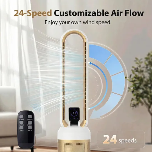 Miniatura 3 de Ventilador sin aspas de 38 pulgadas para dormitorio, ventilador de torre silencioso con control remoto y pantalla táctil LED grande, 24 velocidades