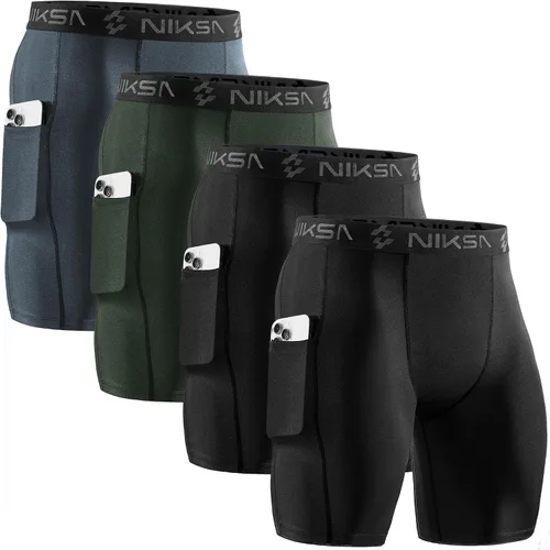 Miniatura 11 de Niksa Paquete de 2/4 pantalones cortos de compresión para hombre con bolsillo, pantalones cortos de elastano para correr, deportes, atletismo