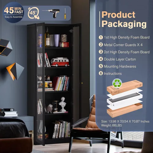 Miniatura 8 de Gabinetes Curio de metal de 5 niveles, gabinete moderno de 71 pulgadas de alto con 4 estantes ajustables, vitrina para oficina en casa, sala