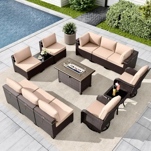 Miniatura 17 de Gotland Juego de muebles de patio de 8 piezas con mesa con fogón, muebles de ratán para exteriores para todo tipo de clima con respaldo alto de 2
