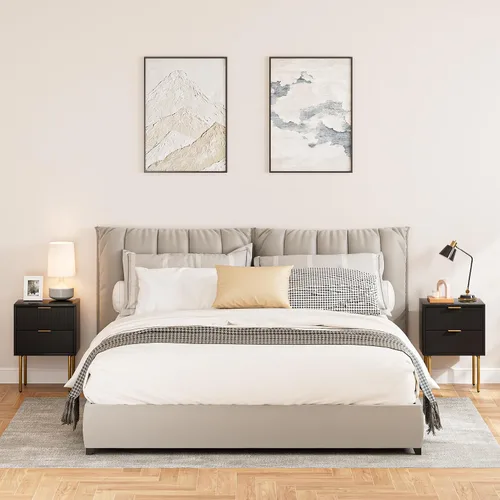 Miniatura 8 de Mesita de noche, mesita de noche pequeña con marco dorado, mesita de noche negra, muebles de noche, mesa auxiliar con 2 cajones para dormitorio