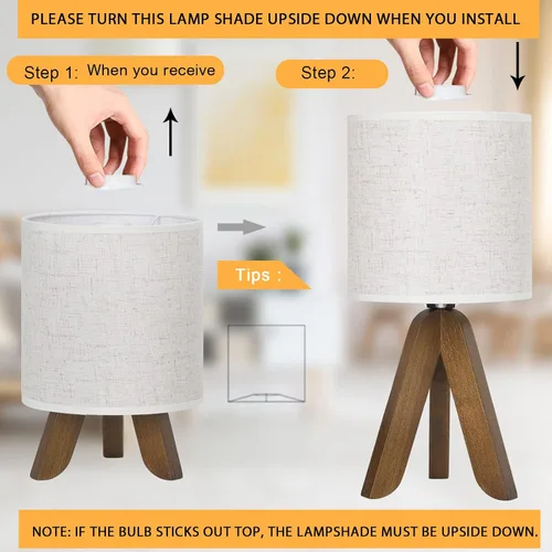 Miniatura 4 de HAITRAL Lámpara de Mesa de Trípode de Madera con Base Marrón, Pequeña Lámpara de Mesa Lámpara de Mesita de Noche con Pantalla de Tela de Lino