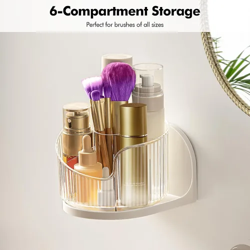 Miniatura 7 de Poeland Organizador de brochas de maquillaje montado en la pared, soporte de maquillaje giratorio 360 con 6 compartimentos para productos de cuidado