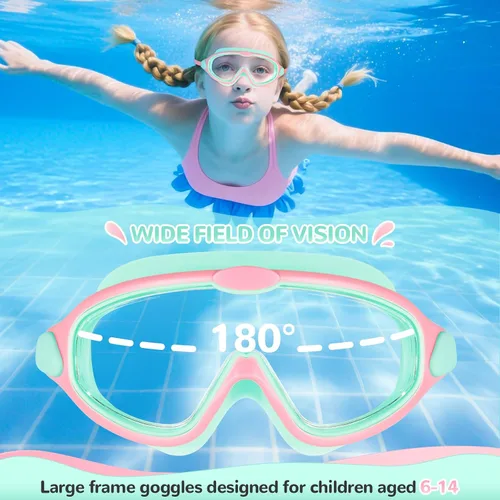 Miniatura 6 de Supertrip Gafas de natación para niños, paquete de 2 gafas de natación con protección UV antivaho para niños de 6 a 14 años Rosa Cian+azul cielo