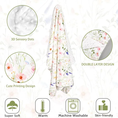 Miniatura 4 de Manta súper suave de Minky para niños pequeños, 30 x 40 pulgadas, doble capa, respaldo punteado, manta floral para cuna de bebé para guardería