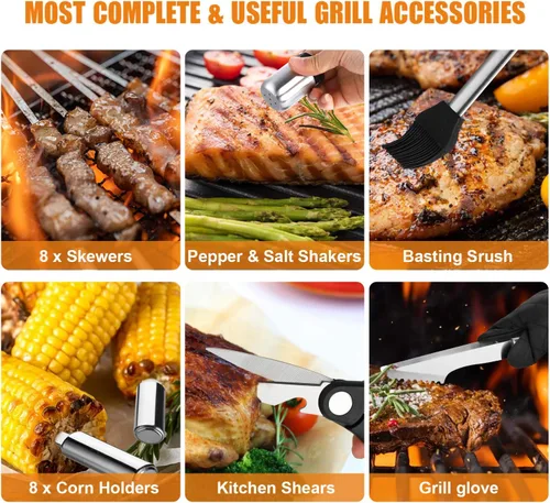 Miniatura 7 de Cifaisi Juego de accesorios para parrilla de barbacoa, 38 piezas de herramientas de parrilla de acero inoxidable con funda de aluminio, termómetro