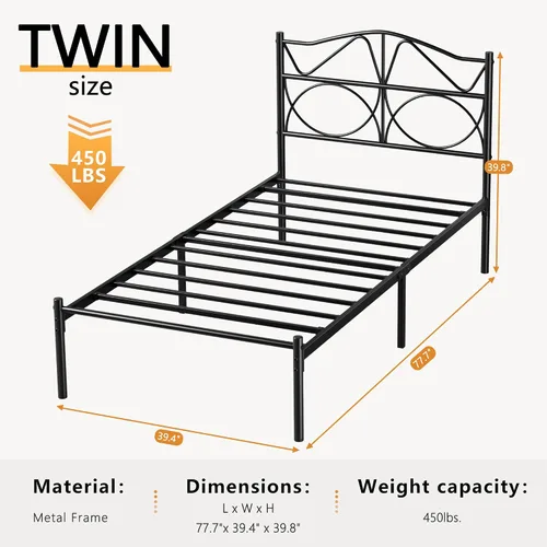 Miniatura 2 de VECELO Base de cama de plataforma de metal tamaño individual con cabecera y estribo, base de colchón de soporte de listones resistentes, no necesita