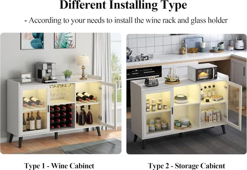 Miniatura 9 de Auromie Gabinete de bar de vinos con luz LED, gabinete de café para el hogar con estante para vino y vidrio, aparador de cocina con estantes