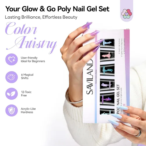Miniatura 3 de SAVILAND Kit de uñas de poligel sin hema: 6 colores de gel de poliéster de duración de 28 días, kit de uñas de gel de extensión de poli de gel