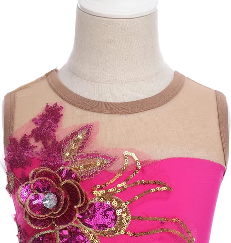 Miniatura 5 de Vestido de patinaje artístico para niñas, vestido de patinaje sobre hielo de malla de flores de lentejuelas, vestido de leotardo de ballet