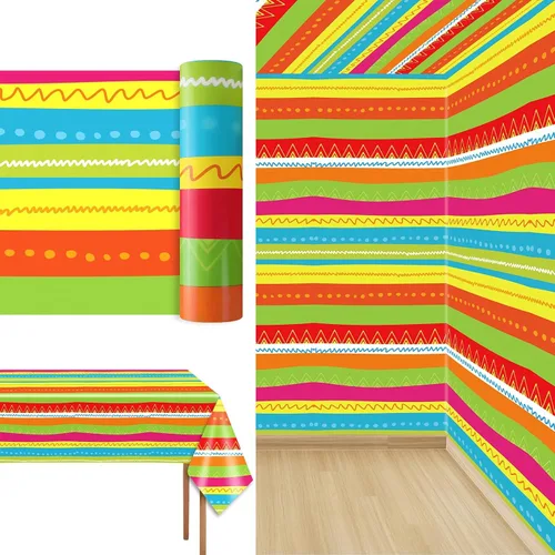 party greeting Decoración de fiesta mexicana de 1181 x 54 pulgadas, mantel de plástico a rayas mexicanas para fiesta mexicana, suministros de fiesta