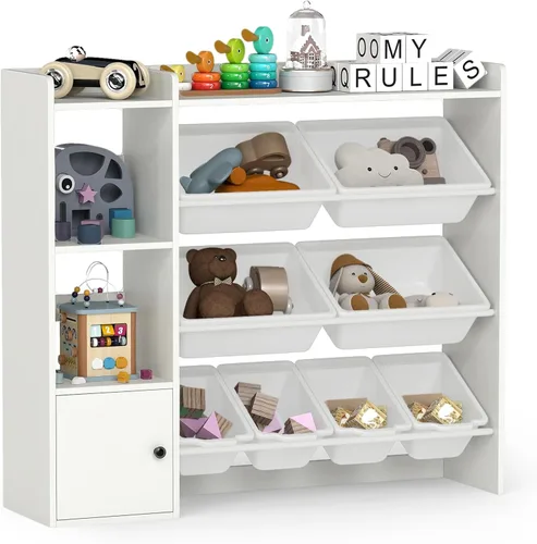 Miniatura 10 de HONEY JOY Organizador de almacenamiento de juguetes para niños, armario de madera de 44 pulgadas de largo con 8 contenedores extraíbles, estantes