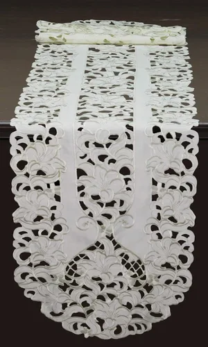 Creative Linens Camino de mesa floral bordado 15x70 Oval Dresser Bufanda Marfil