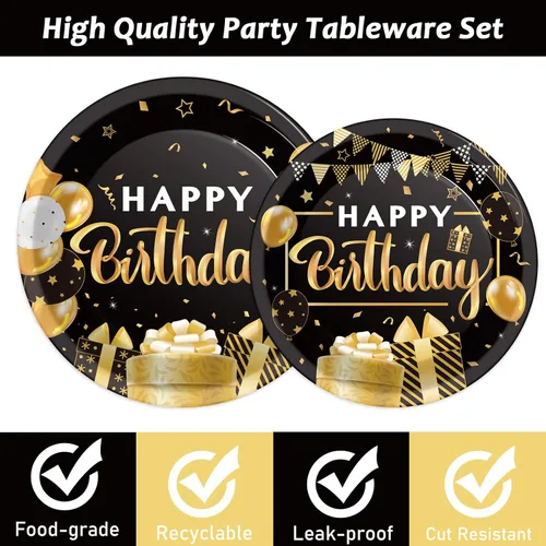 Miniatura 4 de Juego de vajilla para fiesta de cumpleaños de 96 piezas, color negro y dorado, platos y servilletas de fiesta negros, suministros de papel