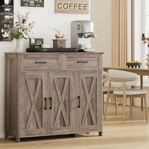 Miniatura 10 de Homhedy Aparador de buffet, gabinete de almacenamiento de barra de café con cajones y puertas, armario de cocina de granja con estantes ajustables