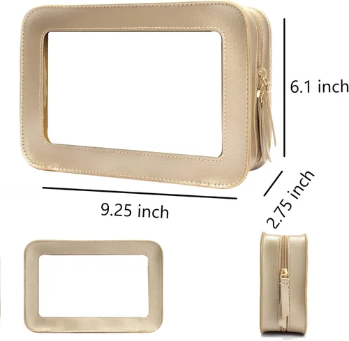 Miniatura 4 de Bolsa de maquillaje transparente pequeña, aprobada por la TSA, bolsa de aseo portátil con cremallera, bolsa de viaje para cosméticos, estuche Dorado